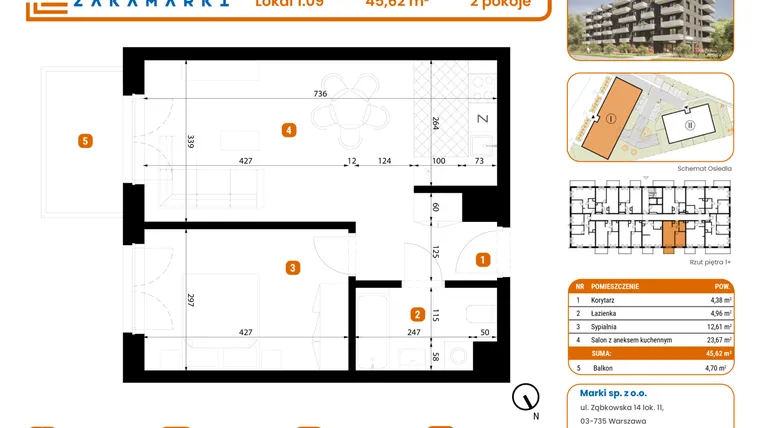 Rzut - Mieszkanie na sprzedaż 2 pokoje o powierzchni 45,62 m² - numer B1/1/09 w Zakamarki