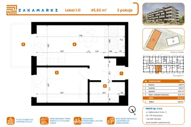 Rzut - Mieszkanie na sprzedaż 2 pokoje o powierzchni 45,62 m² - numer B1/1/11 w Zakamarki