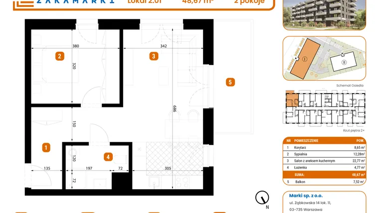Rzut - Mieszkanie na sprzedaż 2 pokoje o powierzchni 48,67 m² - numer B1/2/01 w Zakamarki