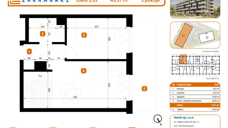 Rzut - Mieszkanie na sprzedaż 2 pokoje o powierzchni 45,37 m² - numer B1/2/02 w Zakamarki