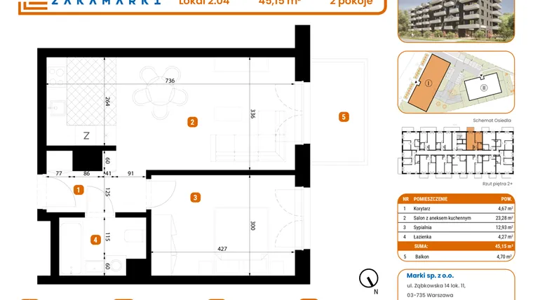 Rzut - Mieszkanie na sprzedaż 2 pokoje o powierzchni 45,15 m² - numer B1/2/04 w Zakamarki