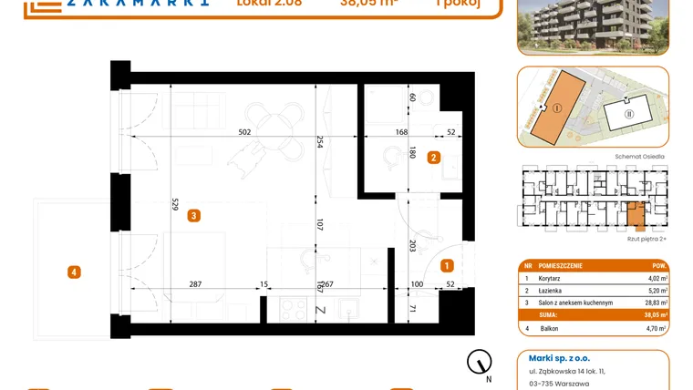 Rzut - Mieszkanie na sprzedaż 1 pokój o powierzchni 38,05 m² - numer B1/2/08 w Zakamarki