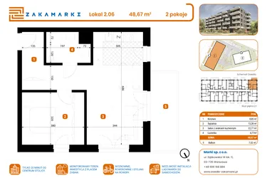 Rzut - Mieszkanie na sprzedaż 2 pokoje o powierzchni 48,67 m² - numer B1/2/06 w Zakamarki