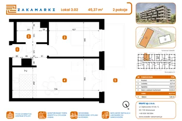 Rzut - Mieszkanie na sprzedaż 2 pokoje o powierzchni 45,37 m² - numer B1/3/02 w Zakamarki