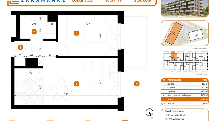 Rzut - Mieszkanie na sprzedaż 2 pokoje o powierzchni 45,37 m² - numer B1/3/02 w Zakamarki