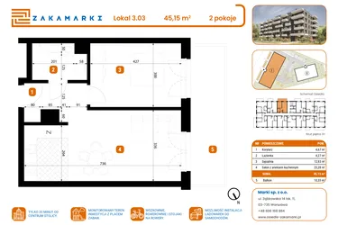 Rzut - Mieszkanie na sprzedaż 2 pokoje o powierzchni 45,15 m² - numer B1/3/03 w Zakamarki
