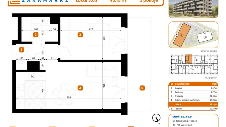 Rzut - Mieszkanie na sprzedaż 2 pokoje o powierzchni 45,15 m² - numer B1/3/03 w Zakamarki