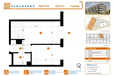 Rzut - Mieszkanie na sprzedaż 2 pokoje o powierzchni 45,15 m² - numer B1/3/04 w Zakamarki