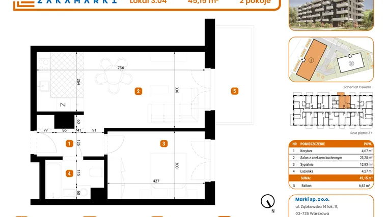 Rzut - Mieszkanie na sprzedaż 2 pokoje o powierzchni 45,15 m² - numer B1/3/04 w Zakamarki