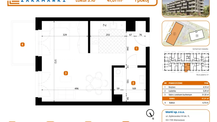 Rzut - Mieszkanie na sprzedaż 1 pokój o powierzchni 41,01 m² - numer B1/3/10 w Zakamarki
