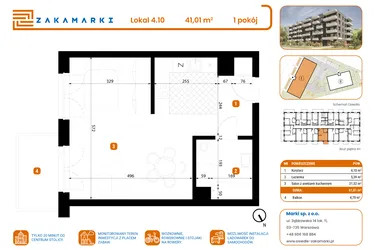 Rzut - Mieszkanie na sprzedaż 1 pokój o powierzchni 41,01 m² - numer B1/4/10 w Zakamarki