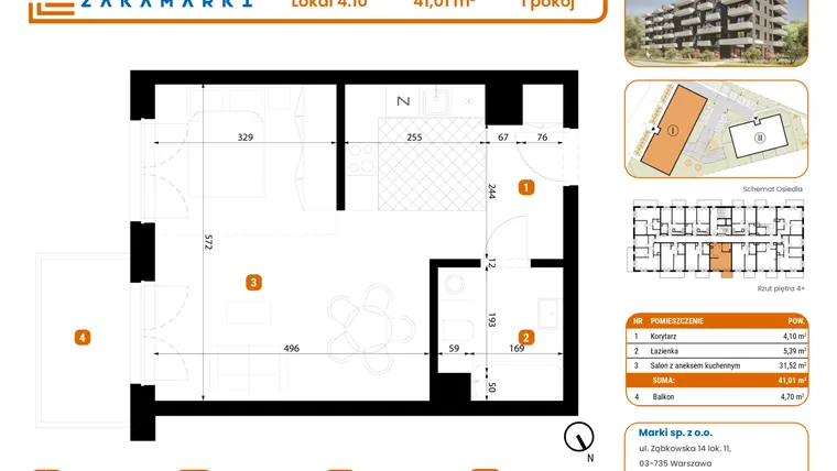 Rzut - Mieszkanie na sprzedaż 1 pokój o powierzchni 41,01 m² - numer B1/4/10 w Zakamarki