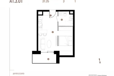 Rzut - Mieszkanie na sprzedaż 1 pokój o powierzchni 31,35 m² - numer A1.3.01 w Belg Apartamenty etap II