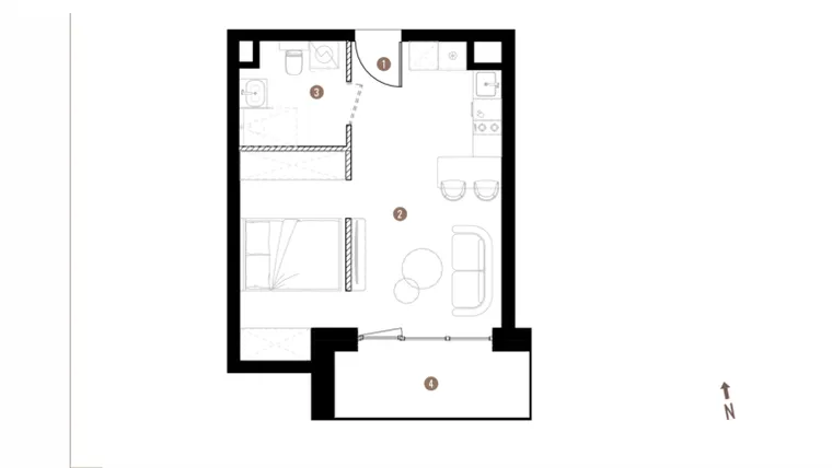 Rzut - Mieszkanie na sprzedaż 1 pokój o powierzchni 32,07 m² - numer A2.2.05 w Belg Apartamenty etap II