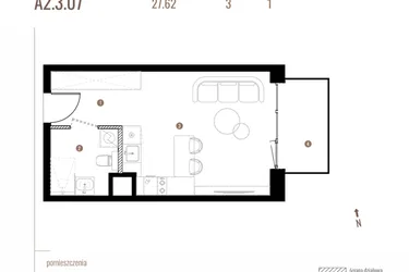Rzut - Mieszkanie na sprzedaż 1 pokój o powierzchni 27,61 m² - numer A2.3.07 w Belg Apartamenty etap II