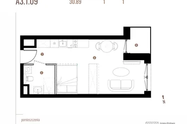 Rzut - Mieszkanie na sprzedaż 1 pokój o powierzchni 30,9 m² - numer A3.1.09 w Belg Apartamenty etap II