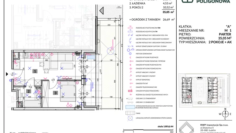 Rzut - Mieszkanie na sprzedaż 2 pokoje o powierzchni 35,05 m² - numer 1 w Apartamenty Poligonowa etap 5