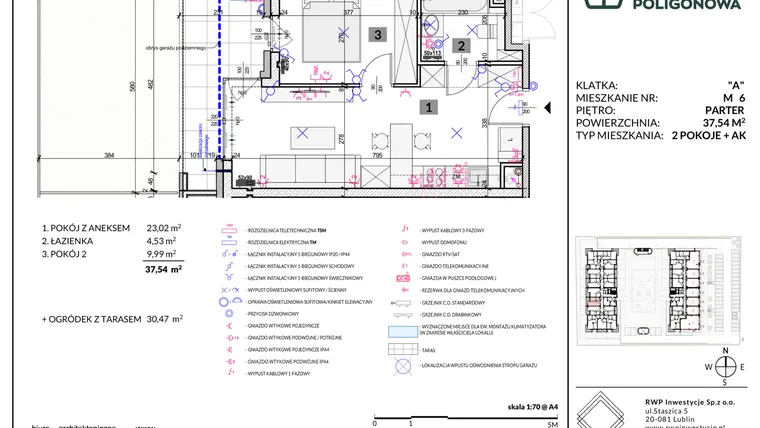 Rzut - Mieszkanie na sprzedaż 2 pokoje o powierzchni 37,54 m² - numer 6 w Apartamenty Poligonowa etap 5