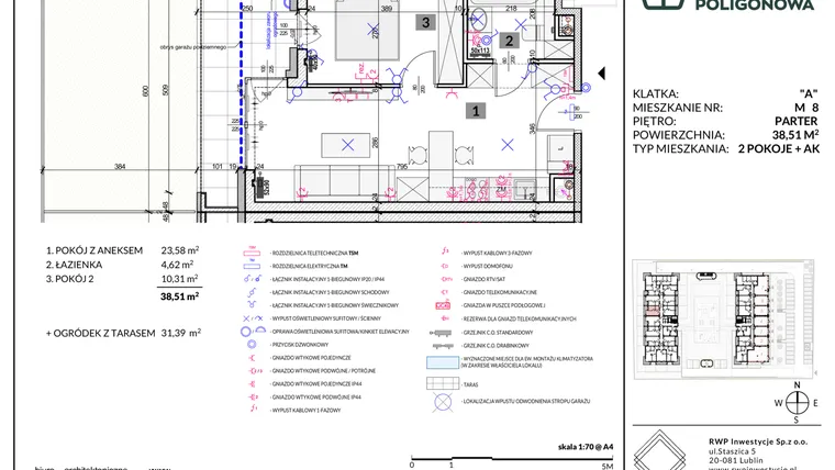 Rzut - Mieszkanie na sprzedaż 2 pokoje o powierzchni 38,51 m² - numer 8 w Apartamenty Poligonowa etap 5