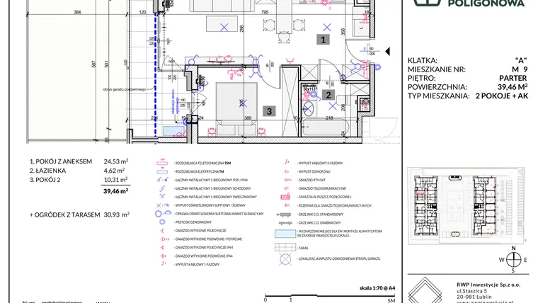 Rzut - Mieszkanie na sprzedaż 2 pokoje o powierzchni 39,46 m² - numer 9 w Apartamenty Poligonowa etap 5
