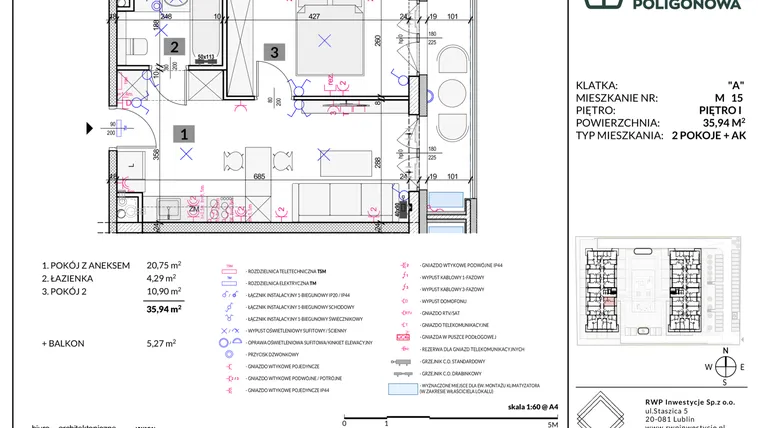 Rzut - Mieszkanie na sprzedaż 2 pokoje o powierzchni 35,94 m² - numer 15 w Apartamenty Poligonowa etap 5