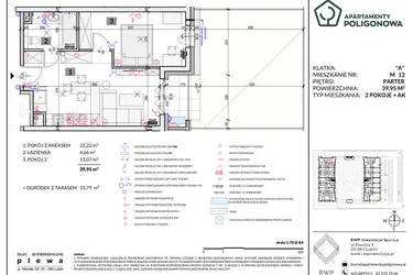 Rzut - Mieszkanie na sprzedaż 2 pokoje o powierzchni 39,95 m² - numer 12 w Apartamenty Poligonowa etap 5