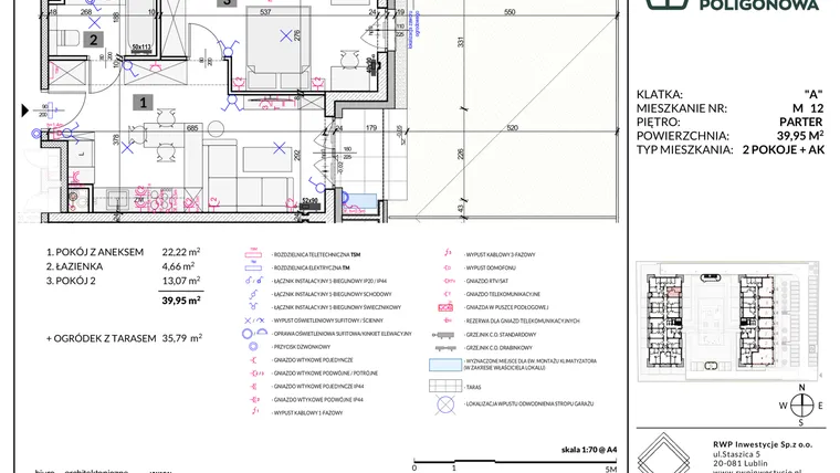 Rzut - Mieszkanie na sprzedaż 2 pokoje o powierzchni 39,95 m² - numer 12 w Apartamenty Poligonowa etap 5