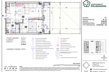 Rzut - Mieszkanie na sprzedaż 2 pokoje o powierzchni 37,3 m² - numer 13 w Apartamenty Poligonowa etap 5