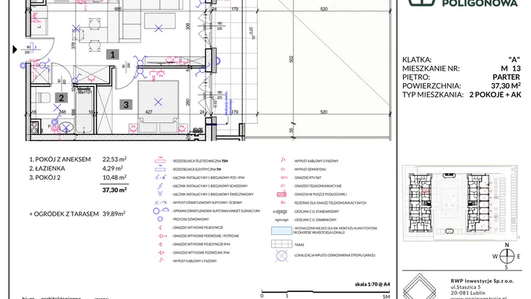 Rzut - Mieszkanie na sprzedaż 2 pokoje o powierzchni 37,3 m² - numer 13 w Apartamenty Poligonowa etap 5