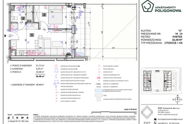 Rzut - Mieszkanie na sprzedaż 2 pokoje o powierzchni 36,48 m² - numer 14 w Apartamenty Poligonowa etap 5