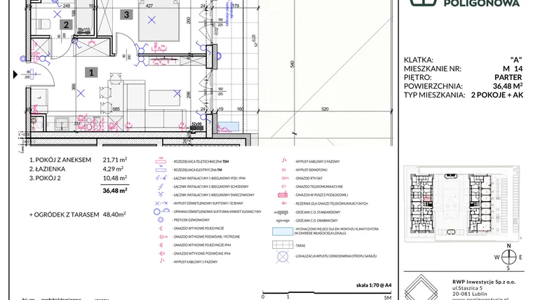 Rzut - Mieszkanie na sprzedaż 2 pokoje o powierzchni 36,48 m² - numer 14 w Apartamenty Poligonowa etap 5