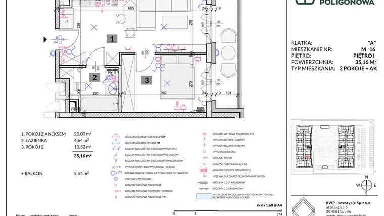 Rzut - Mieszkanie na sprzedaż 2 pokoje o powierzchni 35,16 m² - numer 16 w Apartamenty Poligonowa etap 5