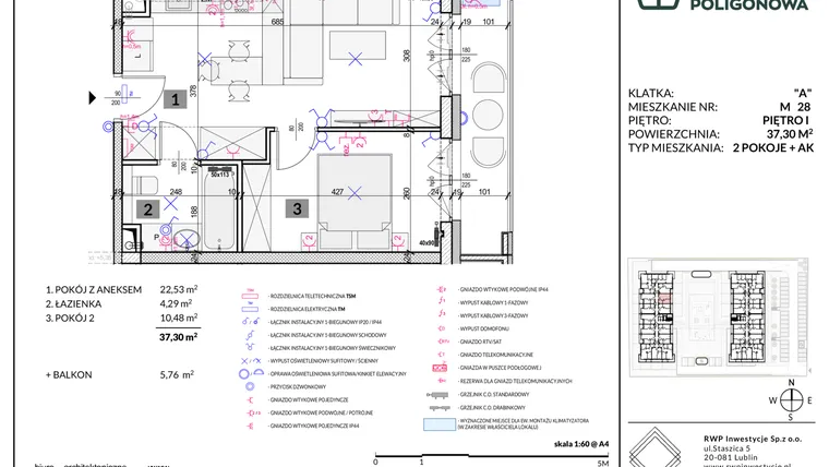 Rzut - Mieszkanie na sprzedaż 2 pokoje o powierzchni 37,3 m² - numer 28 w Apartamenty Poligonowa etap 5