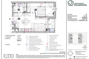 Rzut - Mieszkanie na sprzedaż 2 pokoje o powierzchni 40,05 m² - numer 42 w Apartamenty Poligonowa etap 5