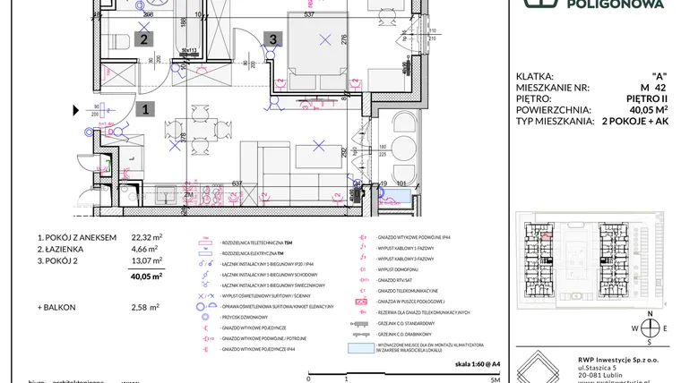 Rzut - Mieszkanie na sprzedaż 2 pokoje o powierzchni 40,05 m² - numer 42 w Apartamenty Poligonowa etap 5