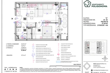 Rzut - Mieszkanie na sprzedaż 2 pokoje o powierzchni 37,3 m² - numer 58 w Apartamenty Poligonowa etap 5