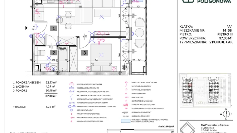 Rzut - Mieszkanie na sprzedaż 2 pokoje o powierzchni 37,3 m² - numer 58 w Apartamenty Poligonowa etap 5