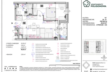 Rzut - Mieszkanie na sprzedaż 2 pokoje o powierzchni 40,05 m² - numer 57 w Apartamenty Poligonowa etap 5