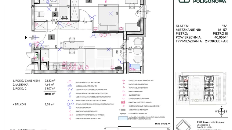 Rzut - Mieszkanie na sprzedaż 2 pokoje o powierzchni 40,05 m² - numer 57 w Apartamenty Poligonowa etap 5