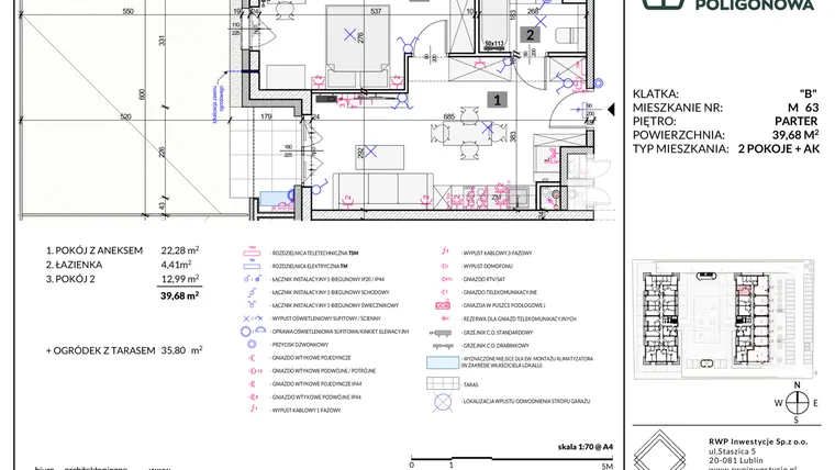 Rzut - Mieszkanie na sprzedaż 2 pokoje o powierzchni 39,68 m² - numer 63 w Apartamenty Poligonowa etap 5
