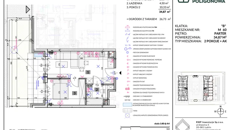 Rzut - Mieszkanie na sprzedaż 2 pokoje o powierzchni 34,87 m² - numer 60 w Apartamenty Poligonowa etap 5