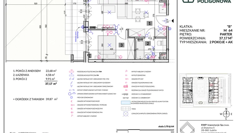 Rzut - Mieszkanie na sprzedaż 2 pokoje o powierzchni 37,17 m² - numer 64 w Apartamenty Poligonowa etap 5