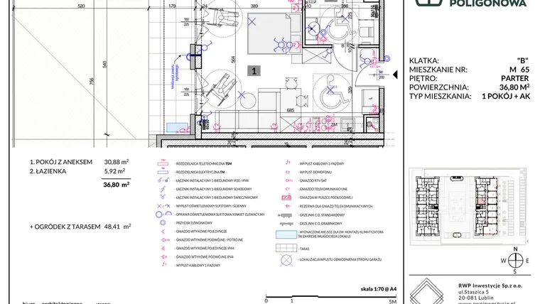 Rzut - Mieszkanie na sprzedaż 1 pokój o powierzchni 36,8 m² - numer 65 w Apartamenty Poligonowa etap 5