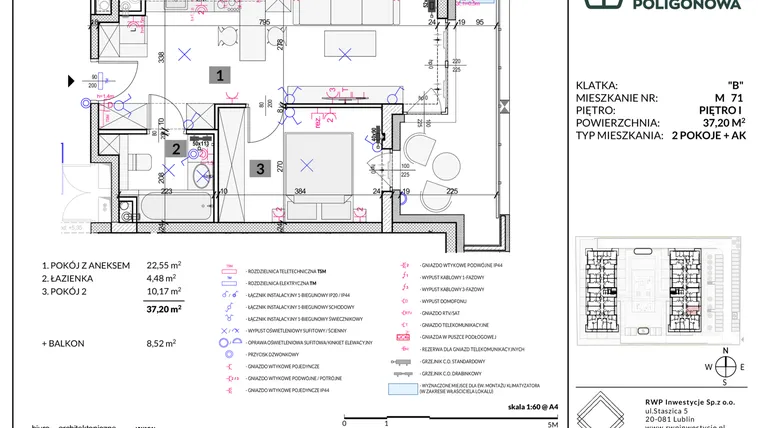 Rzut - Mieszkanie na sprzedaż 2 pokoje o powierzchni 37,2 m² - numer 71 w Apartamenty Poligonowa etap 5
