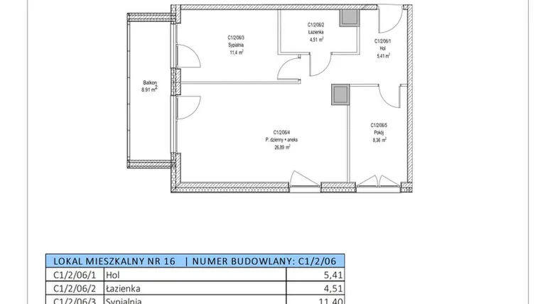 Rzut - Mieszkanie na sprzedaż 3 pokoje o powierzchni 56,57 m² - numer C1/2/06 w Chylońska STO10 etap III