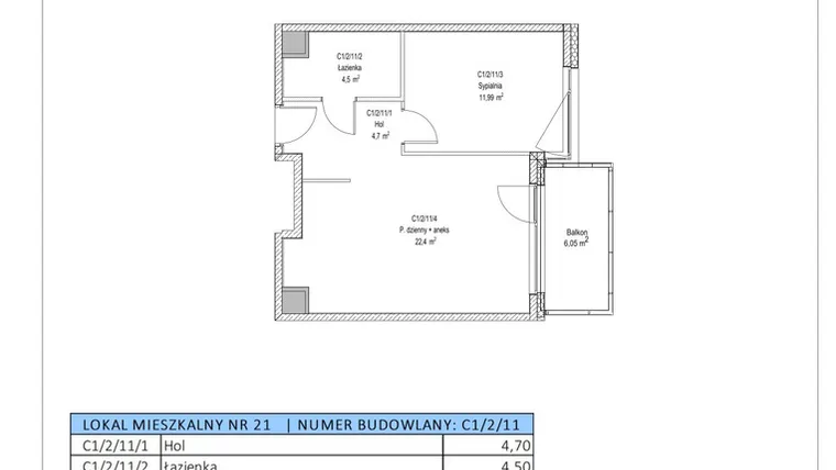 Rzut - Mieszkanie na sprzedaż 2 pokoje o powierzchni 43,59 m² - numer C1/2/11 w Chylońska STO10 etap III