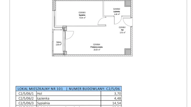 Rzut - Mieszkanie na sprzedaż 2 pokoje o powierzchni 43,26 m² - numer C2/5/06 w Chylońska STO10 etap III