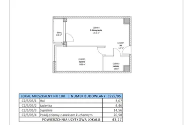 Rzut - Mieszkanie na sprzedaż 2 pokoje o powierzchni 43,27 m² - numer C2/5/05 w Chylońska STO10 etap III