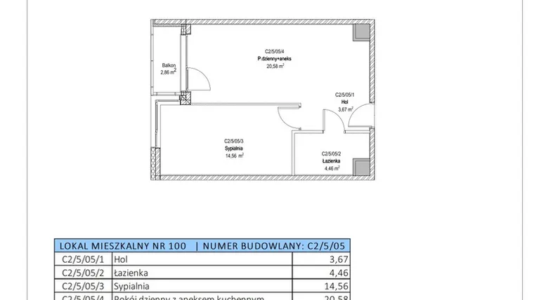 Rzut - Mieszkanie na sprzedaż 2 pokoje o powierzchni 43,27 m² - numer C2/5/05 w Chylońska STO10 etap III