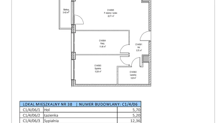 Rzut - Mieszkanie na sprzedaż 3 pokoje o powierzchni 57,46 m² - numer C1/4/06 w Chylońska STO10 etap III
